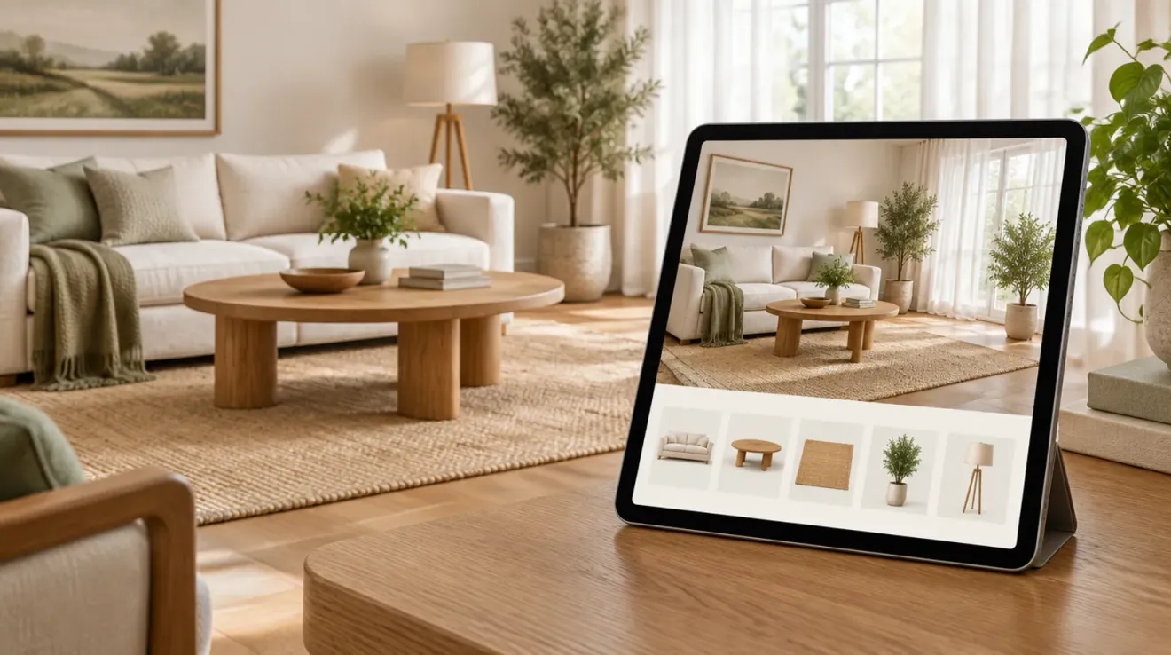A living room with a cream sofa and wooden coffee table, with a tablet standing on the right showing that same room and a row of product thumbnails